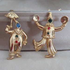 RARE Vintage 2 PC JJ Clowns Brooch Pin Gold Tone Metal w/ Crystals 1.5" H
